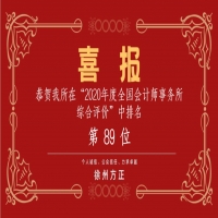 全國會計師事務所綜合評價排名公布，我公司位列89名！